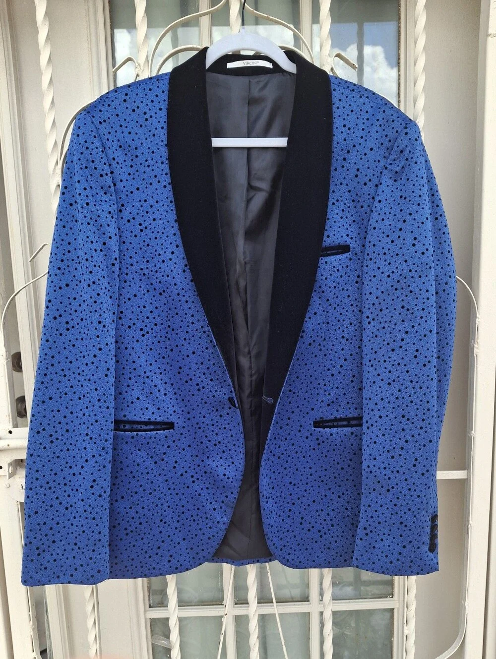 Vercini Blue Black Polka Dot Tuxedo Blazer Men's Slim Fit Size 46 Made in Turkey